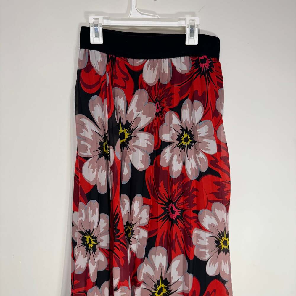 Floral Pleated Maxi Skirt Elastic Waist Red White Black